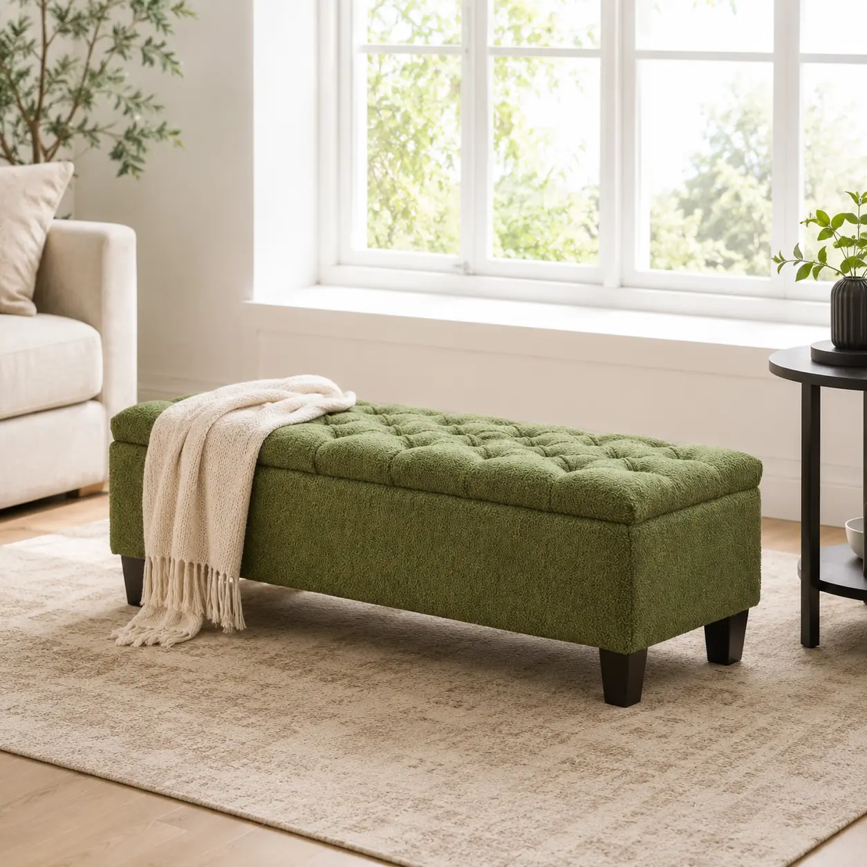 Green Boucle Storage Ottoman Bench with Rubberwood Legs 300 Pound Capacity Upholstered Footrest for Bedroom Living Room and Entryway