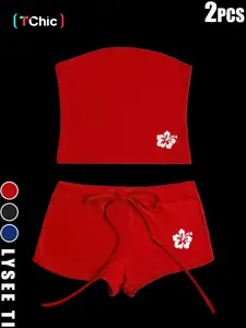 26 Valentine's Day 2PCS Women's Fashion Slimming Solid Color Flower Print Two Piece Set