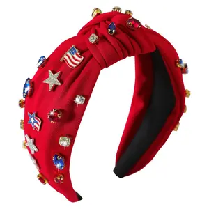 4th of July Headband for Women Girls American Flag Jeweled Knotted Headband Rhinestone Star Flag Patriotic Hairband Wide Top Cute Independence Day Head Band