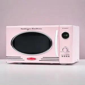 Nostalgia Retro 0.9 Cubic Foot 800-Watt Countertop Microwave Oven Pink with 12 Pre-Programmed Settings Digital Clock & Rotating Glass Carousel