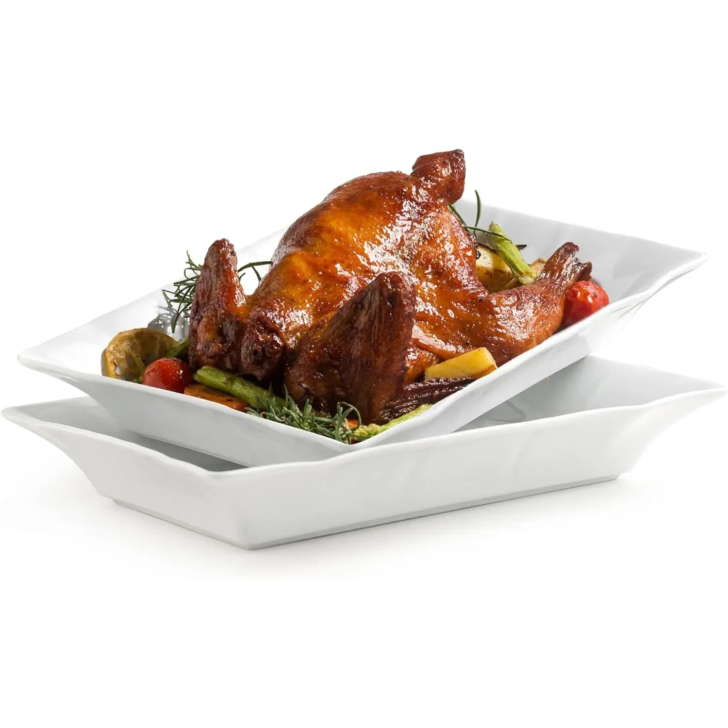 Turkey Platters for entertaining Serving Bowls Set of 2, Ceramic Serving Dishes for Thanksgiving, White Serving Platter for Turkey, Rectangular Baking Dishes and Roasting Pan