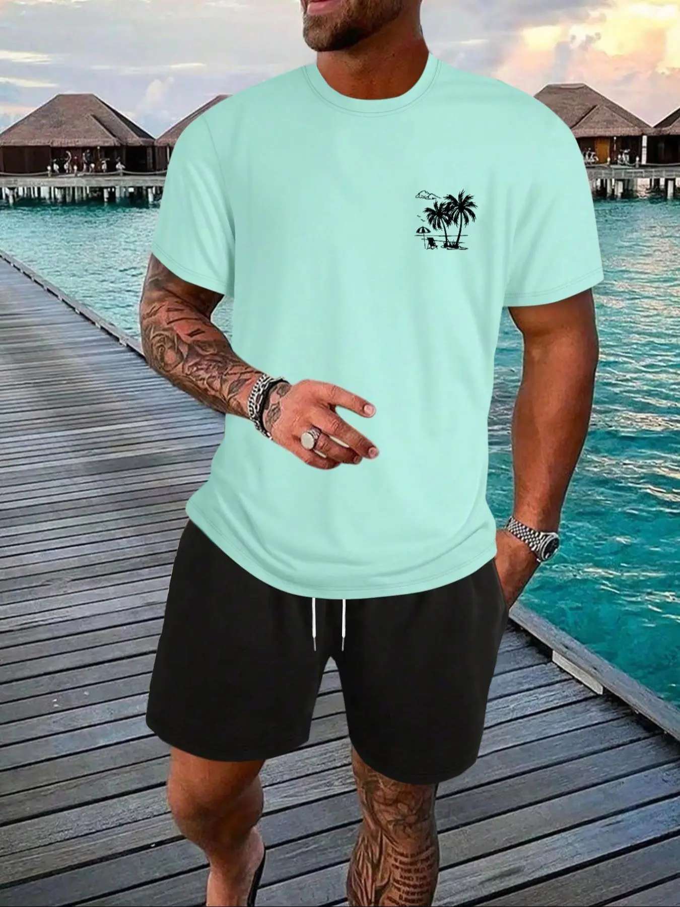 Men's Beach Shorts Set, Coconut Tree Print Short Sleeve T-Shirt, Casual Pattern Drawstring Shorts + T-Shirt Set, Perfect for Beach Pool Outdoor