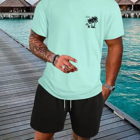 Two-Piece Set Men's Regular Fit Tropical Palm Tree Print Round Neck Tee & Shorts Set, Casual Short Sleeve T-shirt & Shorts, Men's Summer Clothes for Beach Vacation Shorts Matching Set