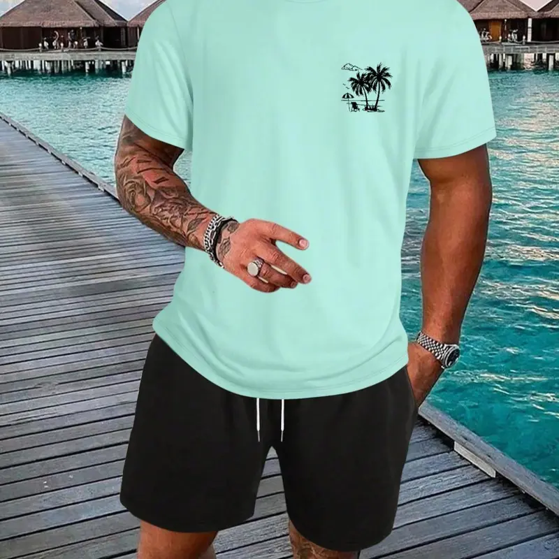 Two-Piece Set Men's Regular Fit Tropical Palm Tree Print Round Neck Tee & Shorts Set, Casual Short Sleeve T-shirt & Shorts, Men's Summer Clothes for Beach Vacation Shorts Matching Set
