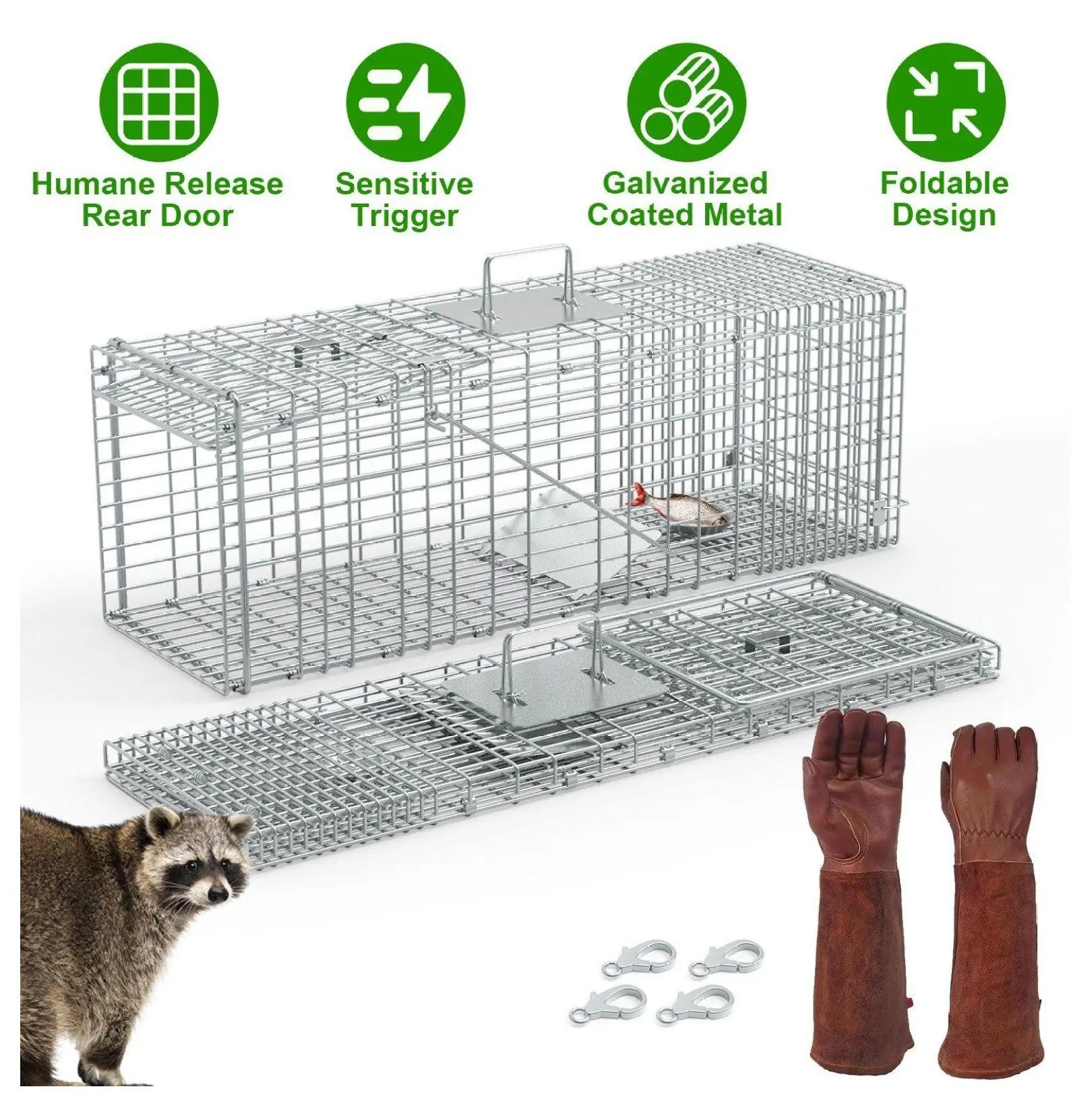 Cat Trap Cage Humane Live Animal Trap - Catch & Release for Raccoons, Groundhogs, Foxes, 35.4" Galvanized Wire Cage with Gloves L_WGlovePlate