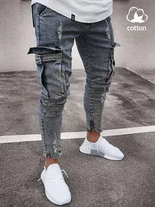 Men's Slim Fit Elastic Denim Work Pants, Ripped Distressed Tight Design, Vintage Raw Hem, Straight Fashion Style, Comfortable Waist, Casual Wear