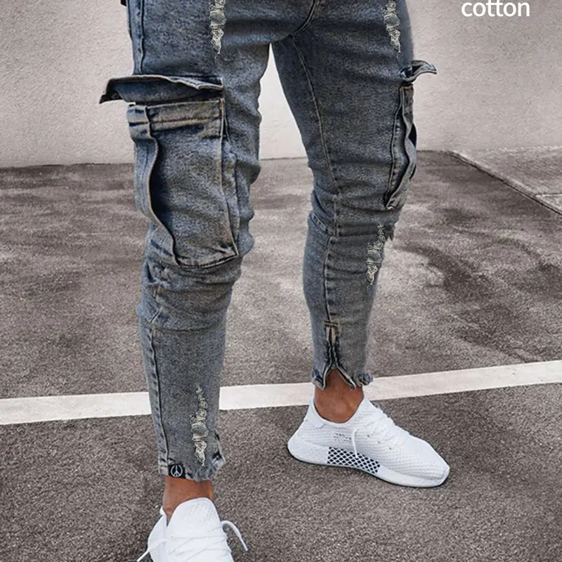 Men's Slim Fit Elastic Denim Work Pants, Stretch Jeans, Pockets Jeans, Ripped Distressed Tight Pocket Design, Vintage Classic Raw Hem, Straight Fashion Style, Comfortable Waist, Casual Wear Jean Streetwear