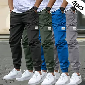 Set of 4 - Men's Fashion Work Pants - Multiple Functional Pockets, Durable & Abrasion-Resistant Fabric, Suitable for Outdoor Work, Hiking, All-Season Versatility, Solid Color Design, Outdoor Work Pants | Multi-Functional Pockets