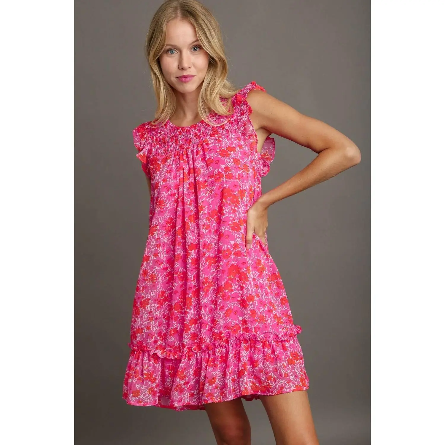 Umgee Full Size Smocked Detail Floral Metallic Ruffle Cap Sleeve Dress Plus Size
