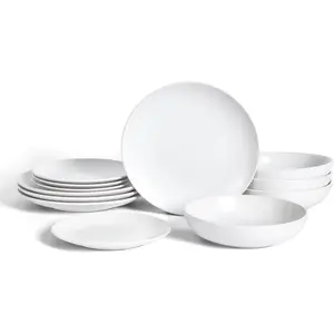 Mia 12-Piece Stoneware Dinnerware Set, and Set, Dishwasher and Safe, Dish Set for 4, White