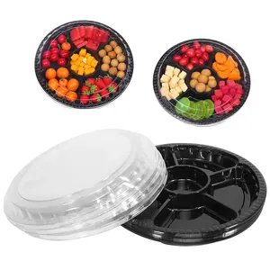 Mwellewm 10Pcs Round Disposable Plastic Food Storage Containers, Divided Appetizer Tray with Lid Fruit Platter Vegetable Trays for Party and Buffet Salad