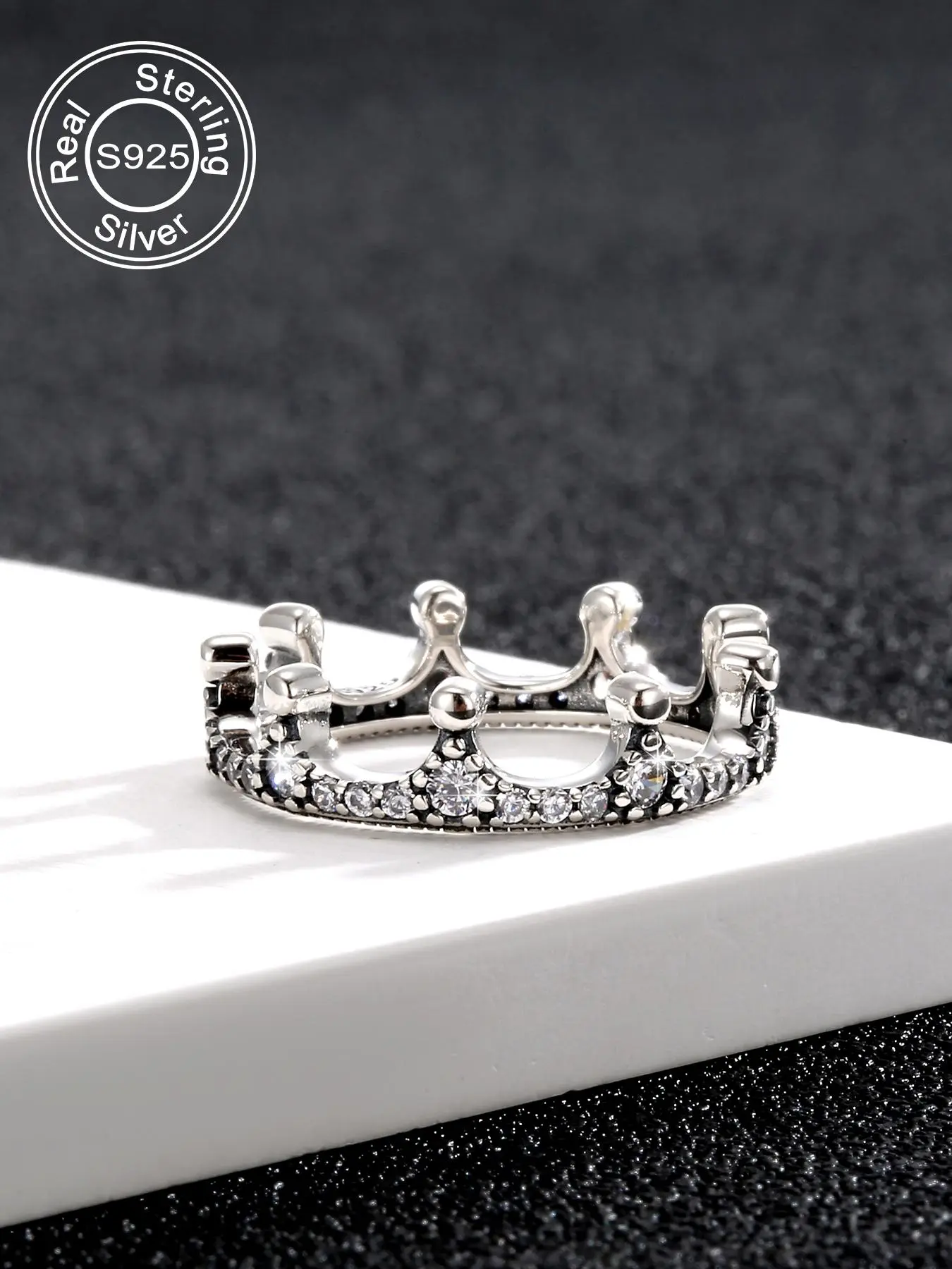 925 Sterling Silver Crown Design Ring, Inlaid Rhinestone, Classic Ring for Women & Girls, Vintage Jewelry for Party, Daily Clothing Decor, Perfect for Gift, Statement Rings