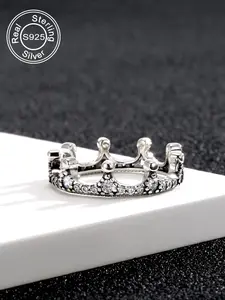925 Sterling Silver Crown Design Ring, Inlaid Rhinestone, Classic Ring for Women & Girls, Vintage Jewelry for Party, Daily Clothing Decor, Perfect for Gift, Statement Rings