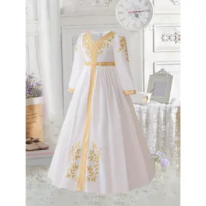 Elegant Long-Sleeve Abaya for Young Girls - White with Golden Embroidery, Floral Pattern, V-Neck, Non-Stretch Fabric, Perfect for Eid, Parties & Birthdays, Eid Attire |   Elegant Abaya |   Embroidered Dress, Abaya Dress
