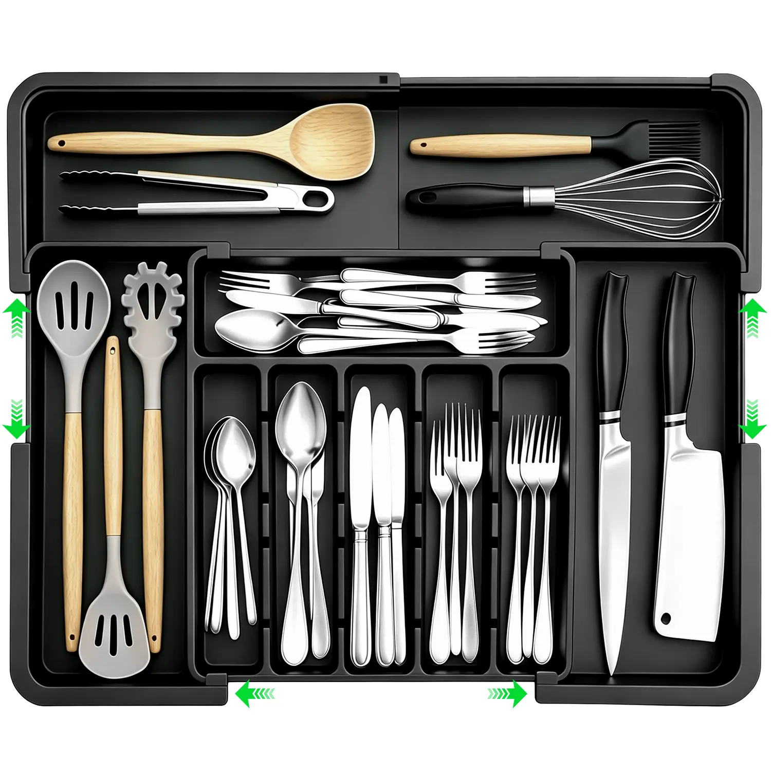 TidyArc Extra Large Expandable Silverware Organizer, Flatware Tray, Black | Kitchen Utensil Cutlery Drawer Organizer, Adjustable Silverware Holder for Spoons Forks Knives