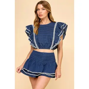 Ruffle Sleeves Two-Piece Set Denim