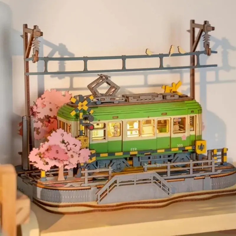 Sakura Tour Train 3D Wooden Puzzle with LED Lights Home Decoration Gift