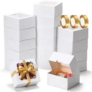 Auto Pop Up Cookie Box with Window 6x6x3 Inches - 50 Pack White Bakery Boxes with  Ribbon for Birthday Party Favors, Wedding, Christmas  Packaging for Cookies, Candy, Macarons