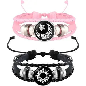 Sun and Moon Bracelets for Couples, Matching Black and Pink Adjustable Set, Couples Jewelry Gift for Him and Her