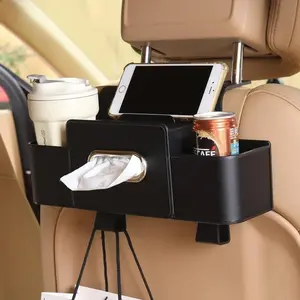 Multifunctional Car Seat Back Storage Box with Tissue Holder 2 Cup Holders & Bags Hooks Non-Woven Car Organizer Car Interior Accessory for Tidy Back Seat