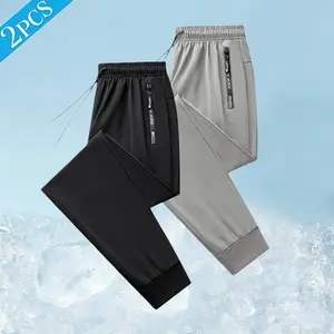 Men's Ice Silk Jogger 2-Pack - Lightweight Quick-Dry Pants with Drawstring & Zipper Pockets | Elastic Waist Casual Track Pants