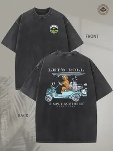Men's & 's Heavyweight 230gsm Vintage Washed Cotton T-Shirt - Southern Golf Cart & Golden Retriever Print with Let's Roll & Simply Southern Slogan, Casual Short Sleeve Round Neck Tee for Retro Y2K Style, Go