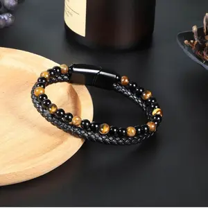 Tiger Eye Black Leather Bracelet for Men Handmade Courage Stress Relief Protection Adjustable Fit Spiritual Wellness