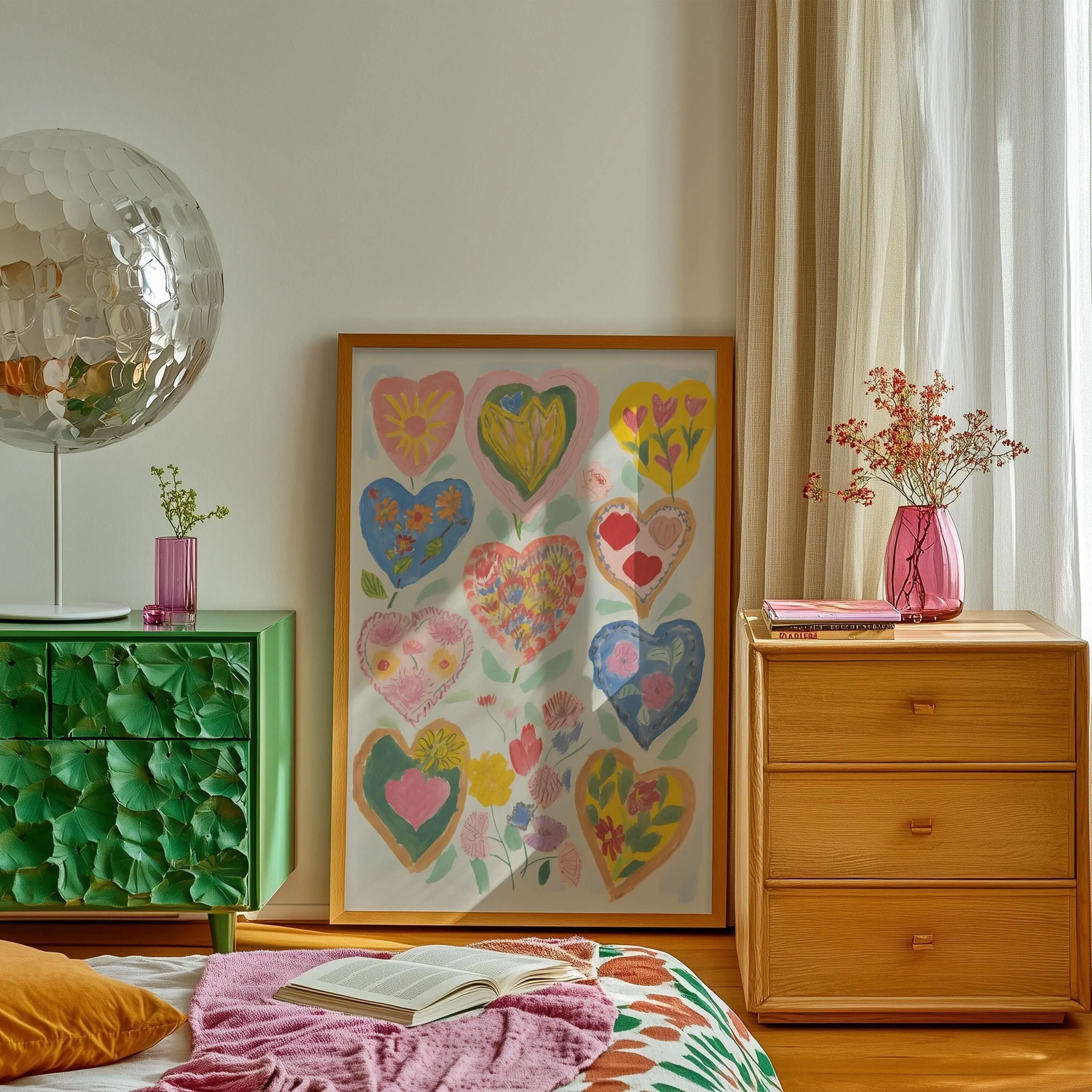 Wall Art, Vintage Heart Poster Unframed , Colorful Floral Boho Decor, Maximalist Aesthetic, Dopamine Decor, Vibrant Bedroom Art, Cottagecore Heart Art