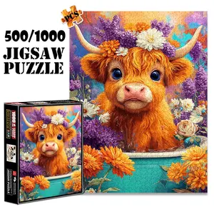 1pc 1000 piece adult puzzle 70x50cm Flower - Crowned Highland Cow in Bathtub500 pieces paper jigsaw puzzle suitable for DIY creative games for adults and families, birthday and holiday stress relief