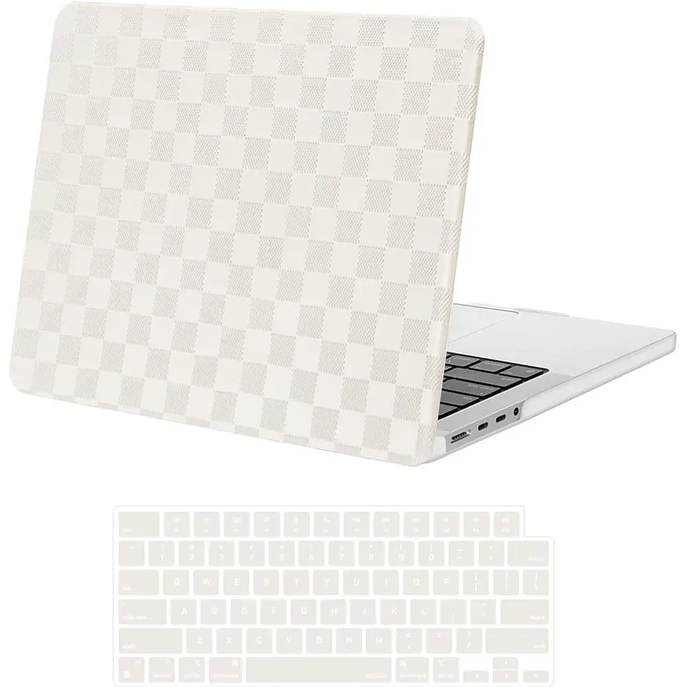 MOSISO Compatible with MacBook Pro 14 inch Case 2025-2021 M5 M4 M3 M2 M1 A3112 A3434 A3185 A3401 A2918 A2992 A2779 A2442, Checker Texture Grid PU Leather Coated Hard Shell&Keyboard Cover, Beige, Office, Students, Plastic, Specific Models, Anti-Scratch & A