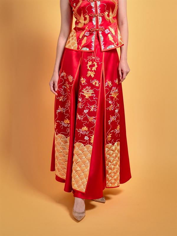 Modern Red Silk Chinese Wedding Dress with Phoenix & Dragon Hand Embroidery