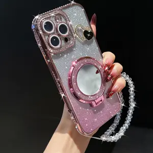 Shockproof Anti-Drop Phone Case Cover with Mirror Stand & Bracelet Strap, Fits iPhone 17 Pro Max 17 17 Pro 16 Pro Max 15 14 13 12 11