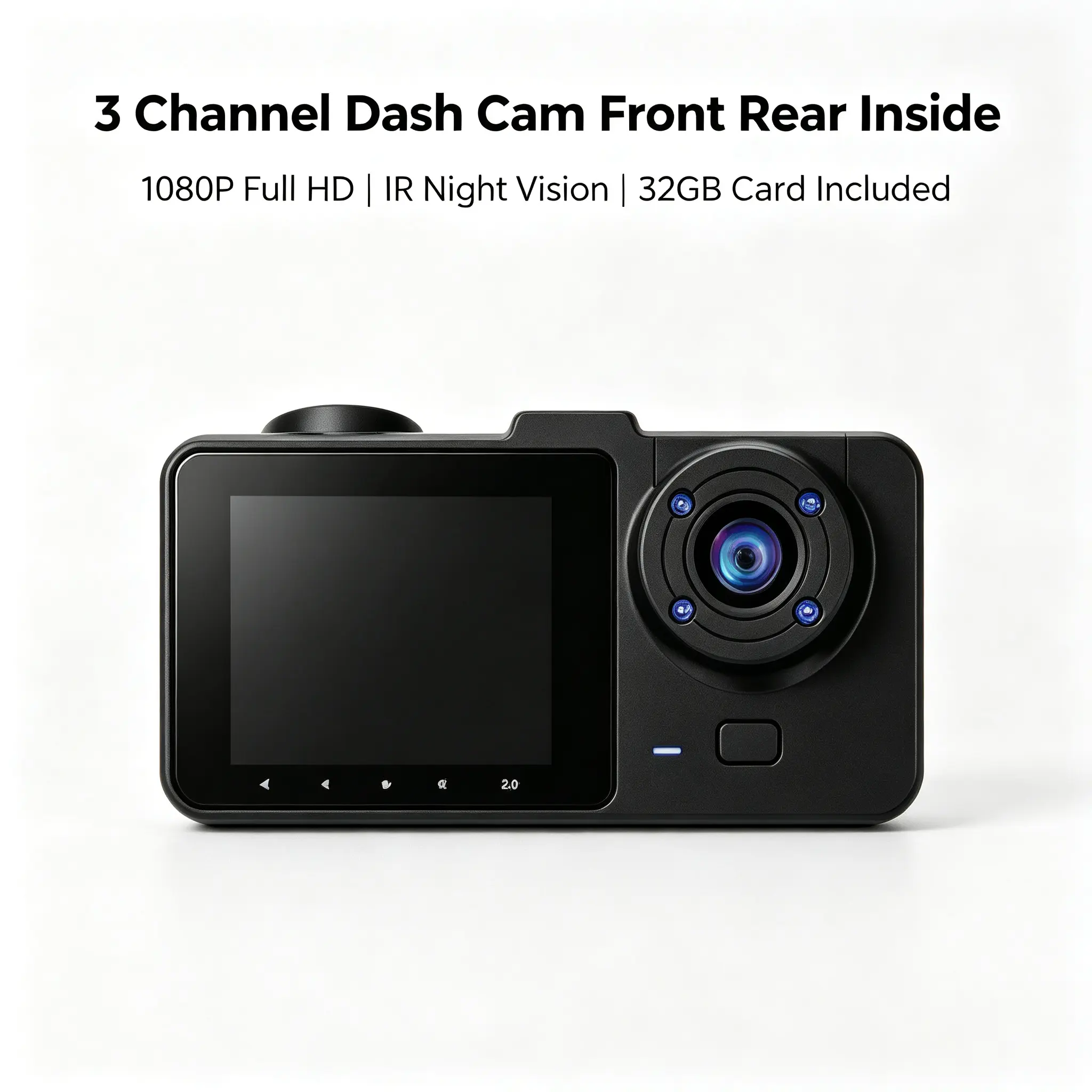 Front Cabin Rear 3 Channel Dash Cam, 1080P Car Dashboard Camera with HDR, IR Night Vision, G-Sensor, Loop Recording and 64GB SD Card Included