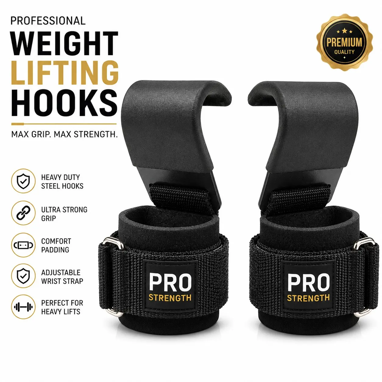 Weight Lifting Hooks With Wrist Straps – Heavy Duty Gym Hooks For Deadlifts, Pull Ups, Shrugs & Powerlifting – Non-Slip Grip Strength Support For Men & Women