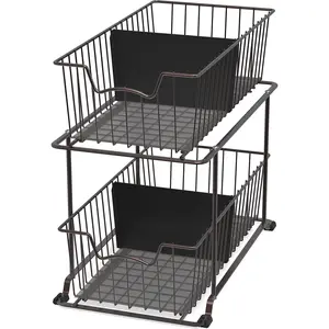 2 Tier Brown Cabinet Wire Basket Drawer Organizer for Home Storage Organization
