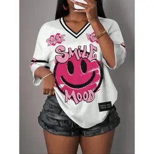 American retro mesh letter smiley face printed breathable sports women's ball shirt, V-neck digital printed T-shirt, street wear holiday casual top, sports fashion sportswearRAIMENTRY