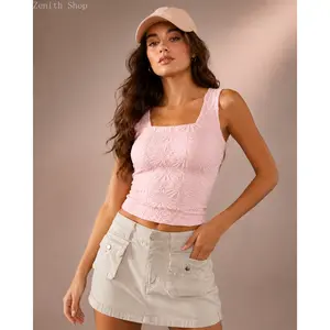 Sporty Women's Solid Color Jacquard Square Neck Sports Vest, Casual Sport Sleeveless Tank Top for Summer Yoga Workout Exercise, Ladies Sportswear for Indoor Outdoor Wear,summerwins