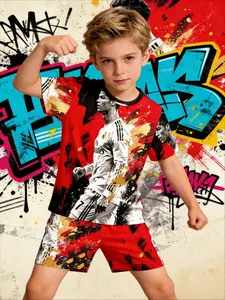 Boys Real Madrid Football Fan Outfit Set Summer CR7 Cristiano Ronaldo 7 Red Black Gold Splash Art Print Short Sleeve T Shirt + Shorts 2 Piece Set Kids Casual Sport Wear for School Daily Football Match & Fan Gathering