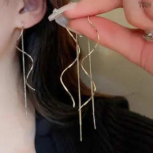 Wave Threader Tassel Earrings for Women, Dainty Spiral Drop Earrings, Minimalist Gold/Rose Gold Tone Long Chain Dangling Earrings, Lightweight Jewelry for Daily Wear, Office & Night Out Styling