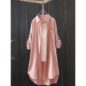 LargeSizeBasicTop,Women'sLargeSizeSolidColorRollCufflinksCollarShirtWomen'sClothingWomenswearBlouse