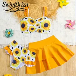 Briza｜Girls 2 Piece Bikini Swimsuit Yellow Sunflower Polka Dot Print Ruffle Strap High Waisted Skirted Bottom Bathing Suit Cute Beach Swimwear Summer Vacation Pool Resort Kids Two-Piece Set, Girls Swimwear, Kids Bathing Suit, Bikini Set