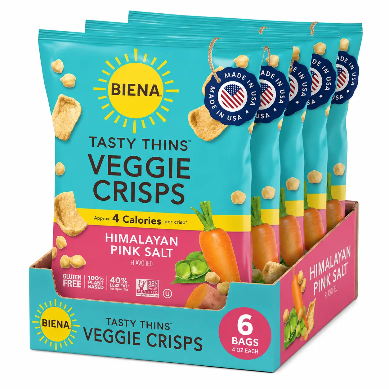 Biena Crisps Tasty Thins - Low Calories Pea Protein Crisps & Puffed Snacks, Savory Bite-Sized Healthy Cupboard Snacks, Himalayan Pink Salt Flavor, 4oz (Pack of 6), Himalayan Salt, Guilt Free Snacks