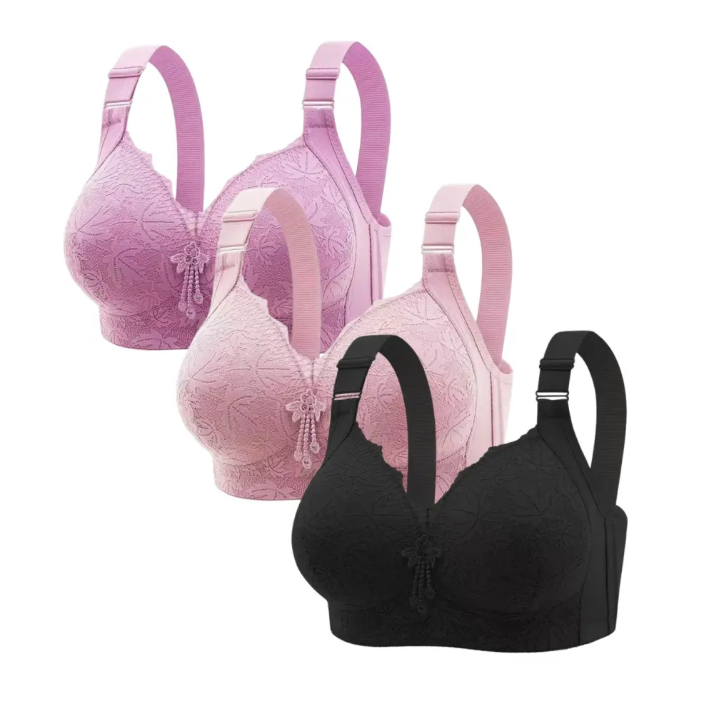 Women's 3-Pack Floral Lace Push-Up Bras - Wireless, Full Coverage Design for Comfortable Everyday Support, Bra, V-Neck