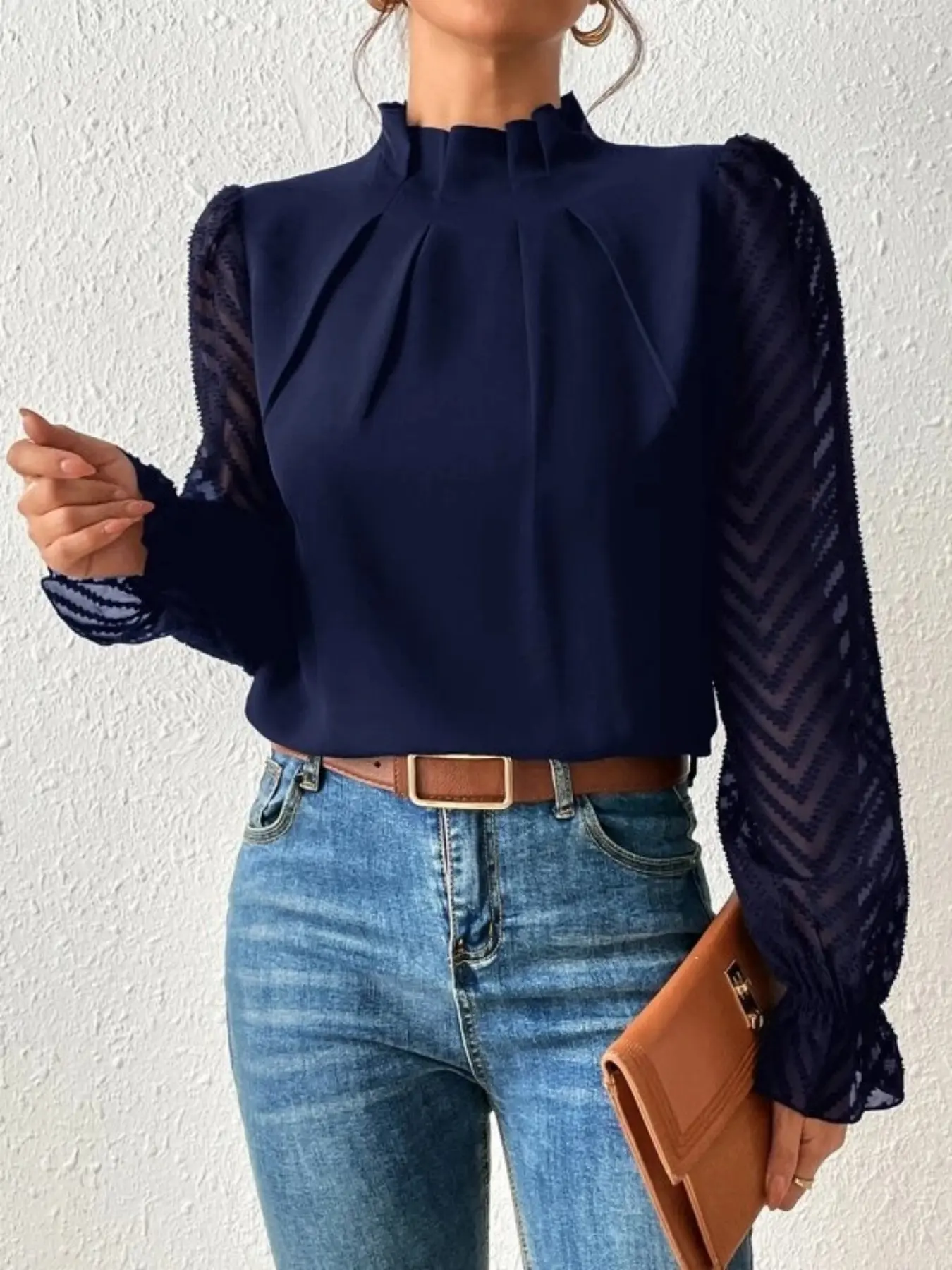 A women's autumn and winter new half-tall turtleneck stitched wavy chiffon boho romantic long-sleeved top Blouses Shirts