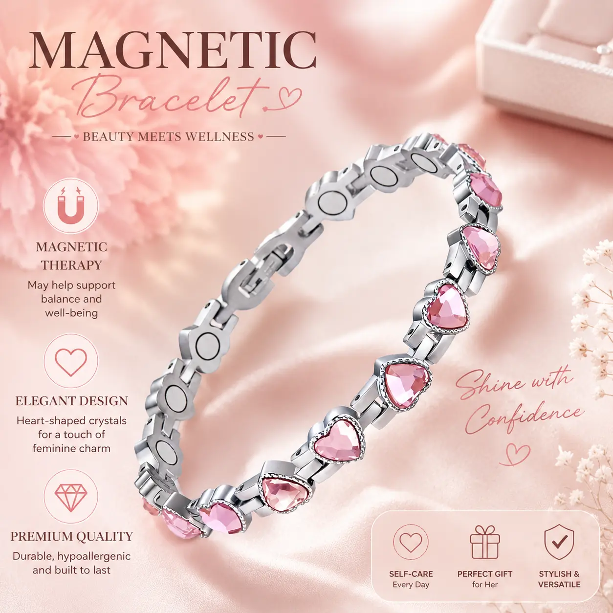 DearLuniva S Women's Titanium Steel Magnetic Bracelet - Neodymium Magnets, Sparkling Crystal Hearts, Modern Link Design - Adults' Fashion Jewelry, Anniversary Gift Ideas, Valentine’s Day Gift