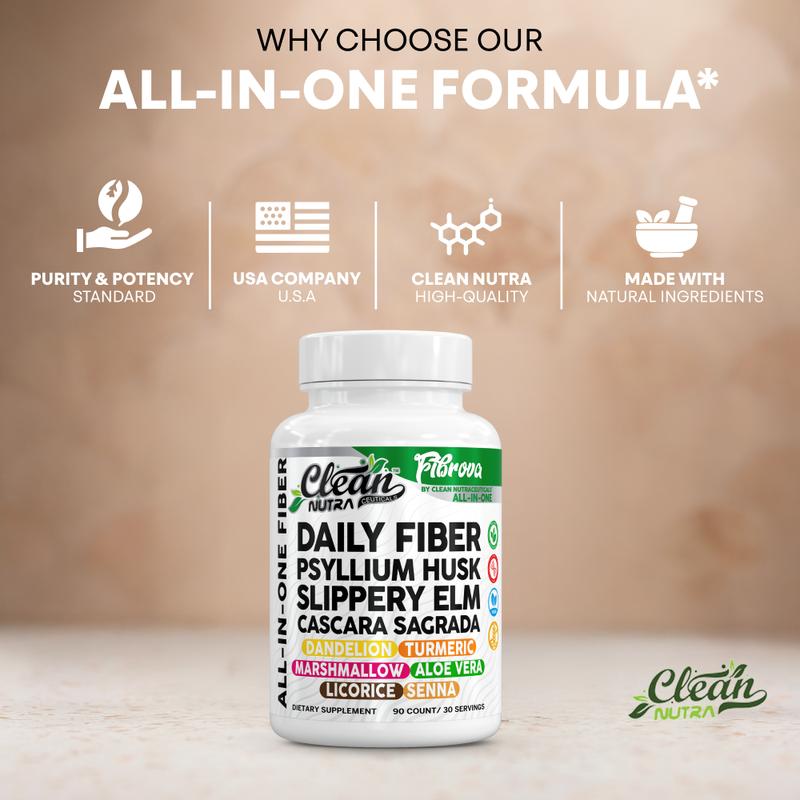 Clean Nutra Psyllium Husk, Slippery Elm & Aloe Vera Fiber Supplement for Digestive Health & Daily Fiber Support - Fibrova