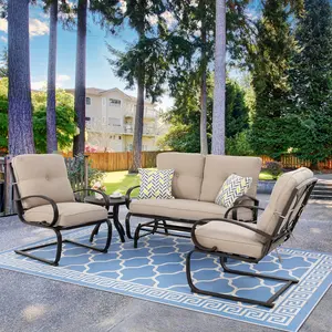 Walsunny Outdoor Metal Conversation Set with Spring cushion Chairs, Loveseat couch & Coffee Table for Yard, Lawn, Pool, Blue/Beige Furniture Patio