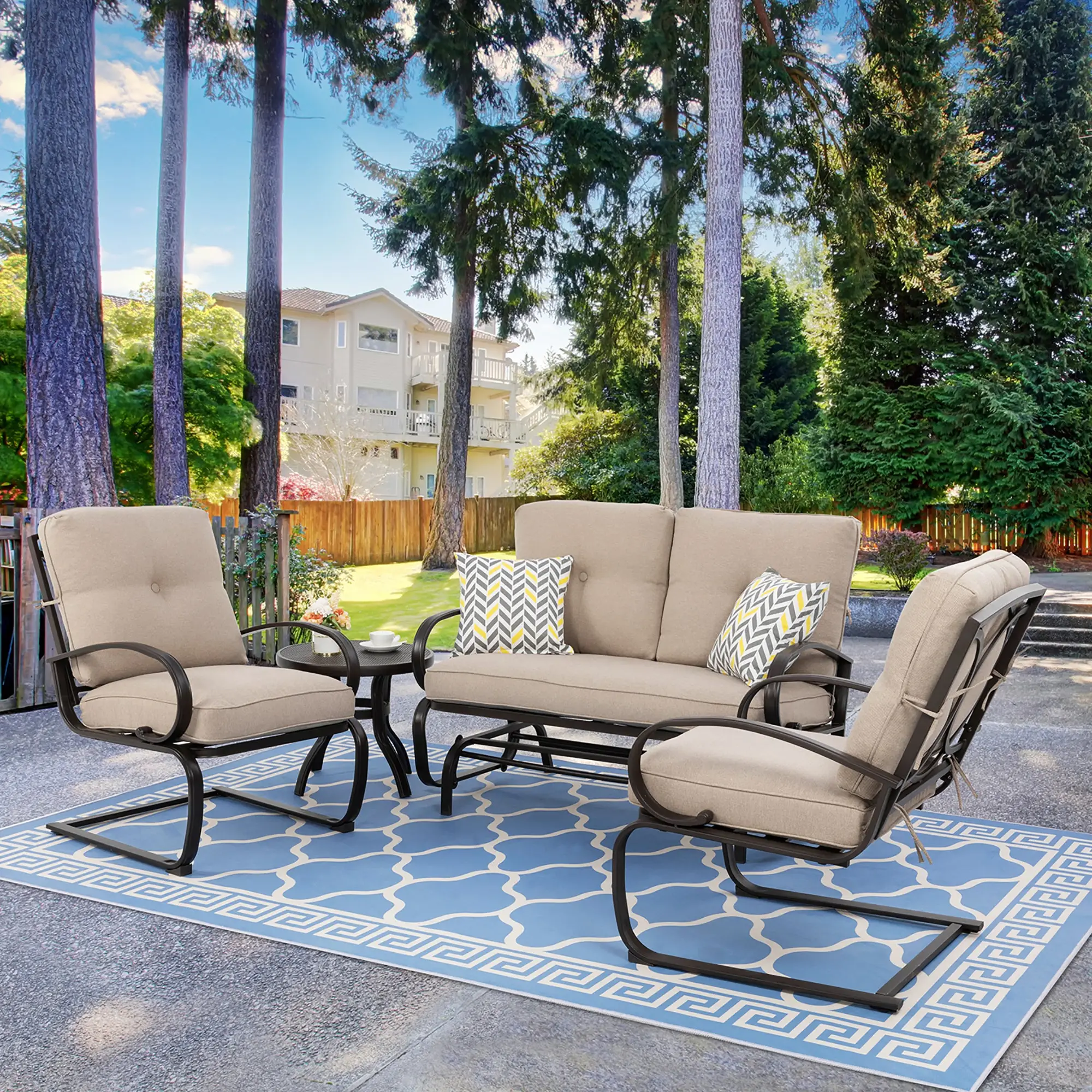 Walsunny 4 Pieces Outdoor Metal Conversation Set with Spring cushion Chairs, Loveseat couch & Coffee Table for Yard, Lawn, Pool, Blue/Beige Furniture