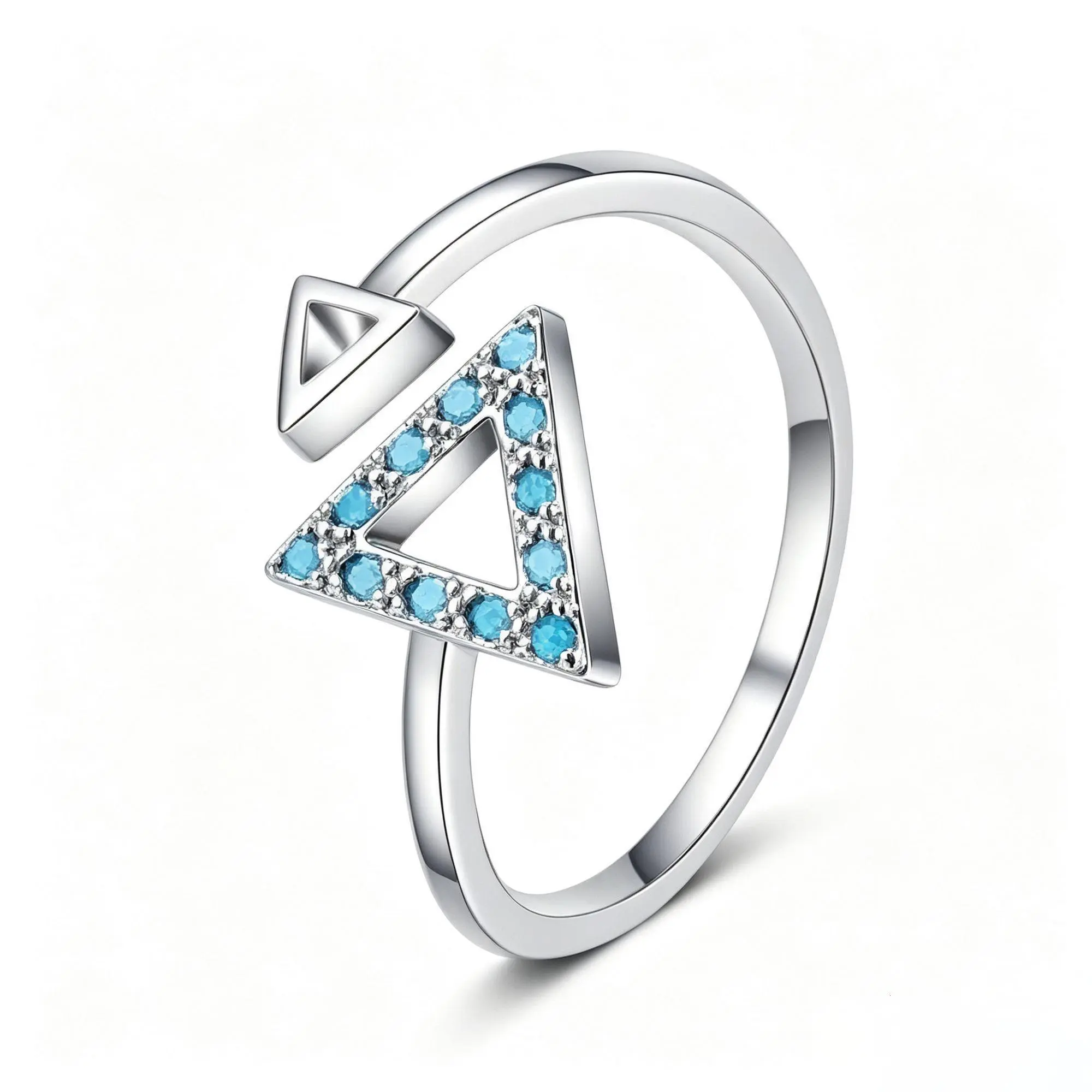 Minimalist Triangle Open Ring for Women, Blue CZ Geometric Adjustable Silver Ring, Fashion Stackable Jewelry Gift