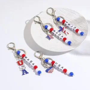 Patriotic USA Flag Acrylic Letter Beaded Keychain Charms, Red White Blue Beaded Key Rings for 4th of July Independence Day, Holiday Gifts & Daily Bag Decor Accessories